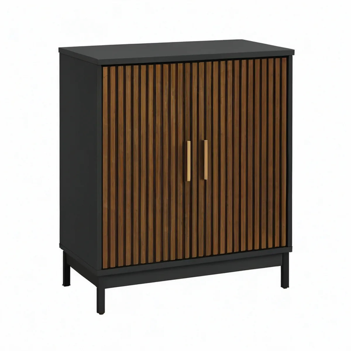 2-türiges Sideboard 80 x 40 x 100 cm aus MDF mit Walnussfurnier in Schwarz/Walnussbraun/Gold