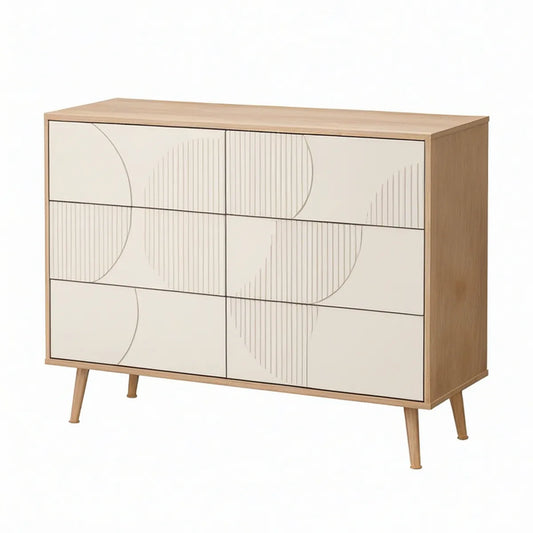 Sideboard mit 6 Schubladen aus MDF mit Eichenfurnier in Naturholz/Weiss, 120 x 40 x 90 cm