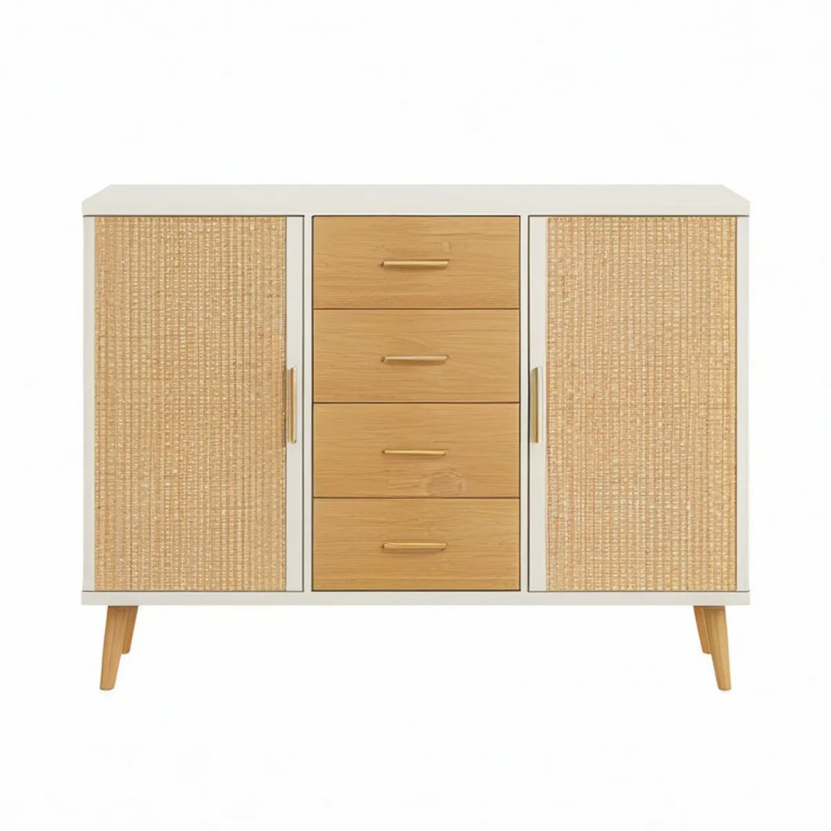 Sideboard mit 2 Türen und 4 Schubladen, Rattan und Eichenoptik, Weiss, 120 x 40 x 100 cm