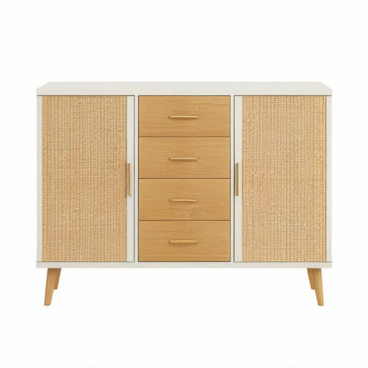 Sideboard mit 2 Türen und 4 Schubladen, Rattan und Eichenoptik, Weiss, 120 x 40 x 100 cm