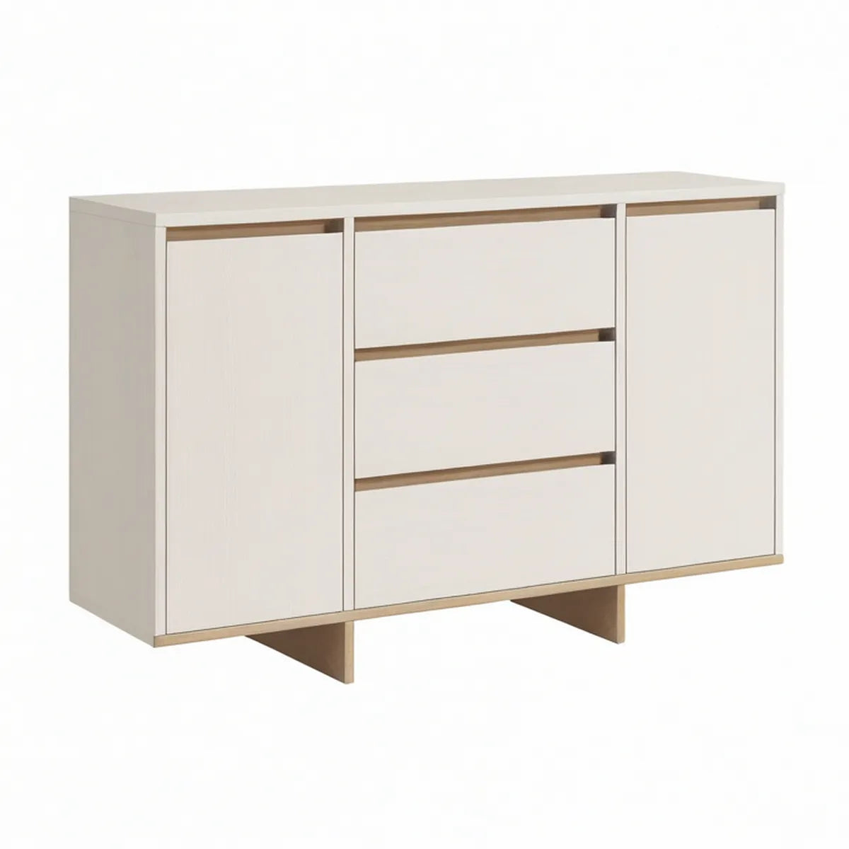 Sideboard mit 2 Türen und 3 Schubladen, Weiss und helle Eiche, 120 x 40 x 85 cm