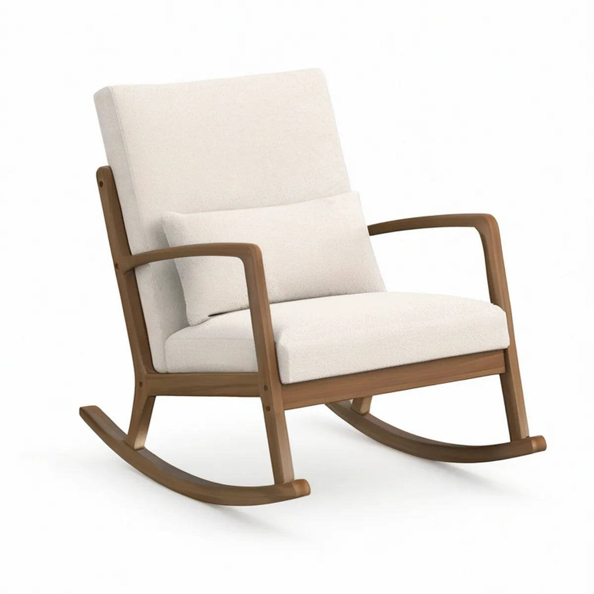 Schaukelstuhl mit Armlehnen aus Gummibaumholz, Creme/Braun, 68 x 90 x 98 cm