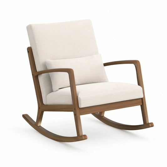 Schaukelstuhl mit Armlehnen aus Gummibaumholz, Creme/Braun, 68 x 90 x 98 cm