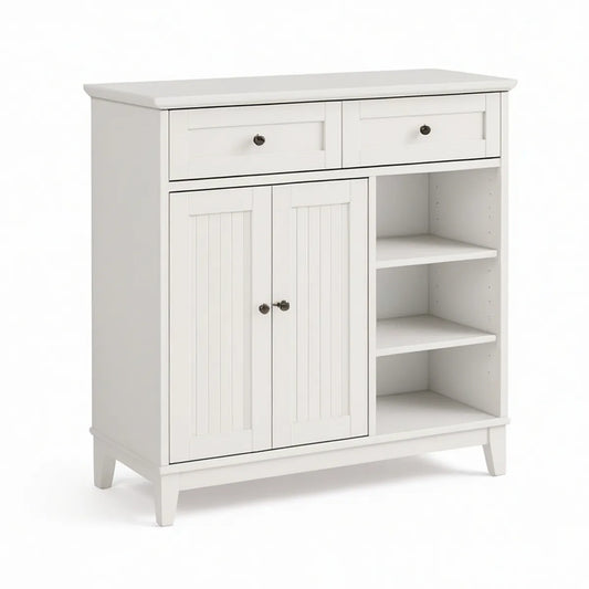 Weisses Sideboard aus MDF mit 2 Türen, 2 Schubladen und offenen Fächern, 90 x 40 x 100 cm