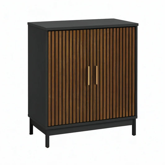 2-türiges Sideboard 80 x 40 x 100 cm aus MDF mit Walnussfurnier in Schwarz/Walnussbraun/Gold