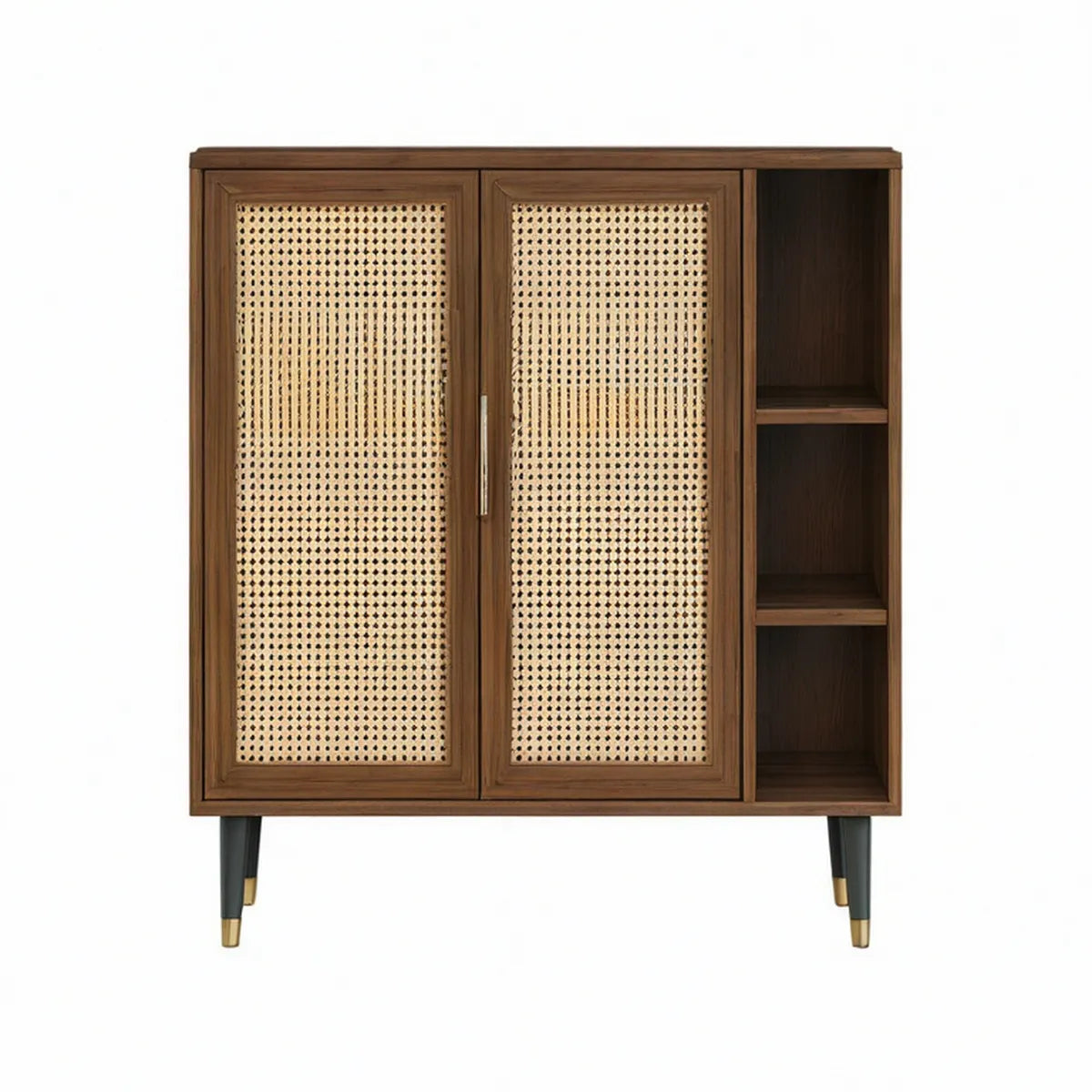 Highboard 100 x 40 x 120 cm mit 2 Türen, 3 offenen Fächern, Walnussfurnier und Rattangeflecht in Braun/Natur/Schwarz/Gold/Silber