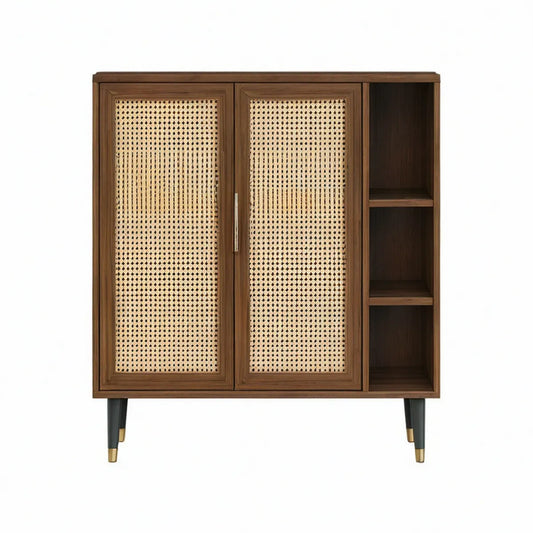 Highboard 100 x 40 x 120 cm mit 2 Türen, 3 offenen Fächern, Walnussfurnier und Rattangeflecht in Braun/Natur/Schwarz/Gold/Silber