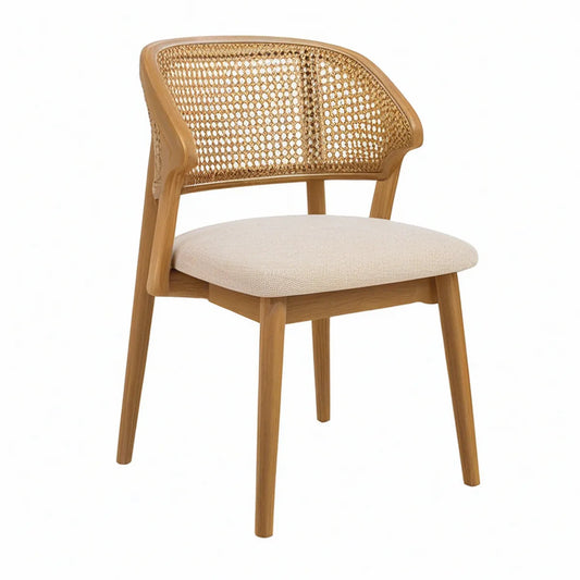 Stuhl mit Armlehnen, Rattan-Rückenlehne und Polstersitz, 56 x 57 x 82 cm, Natur/Beige